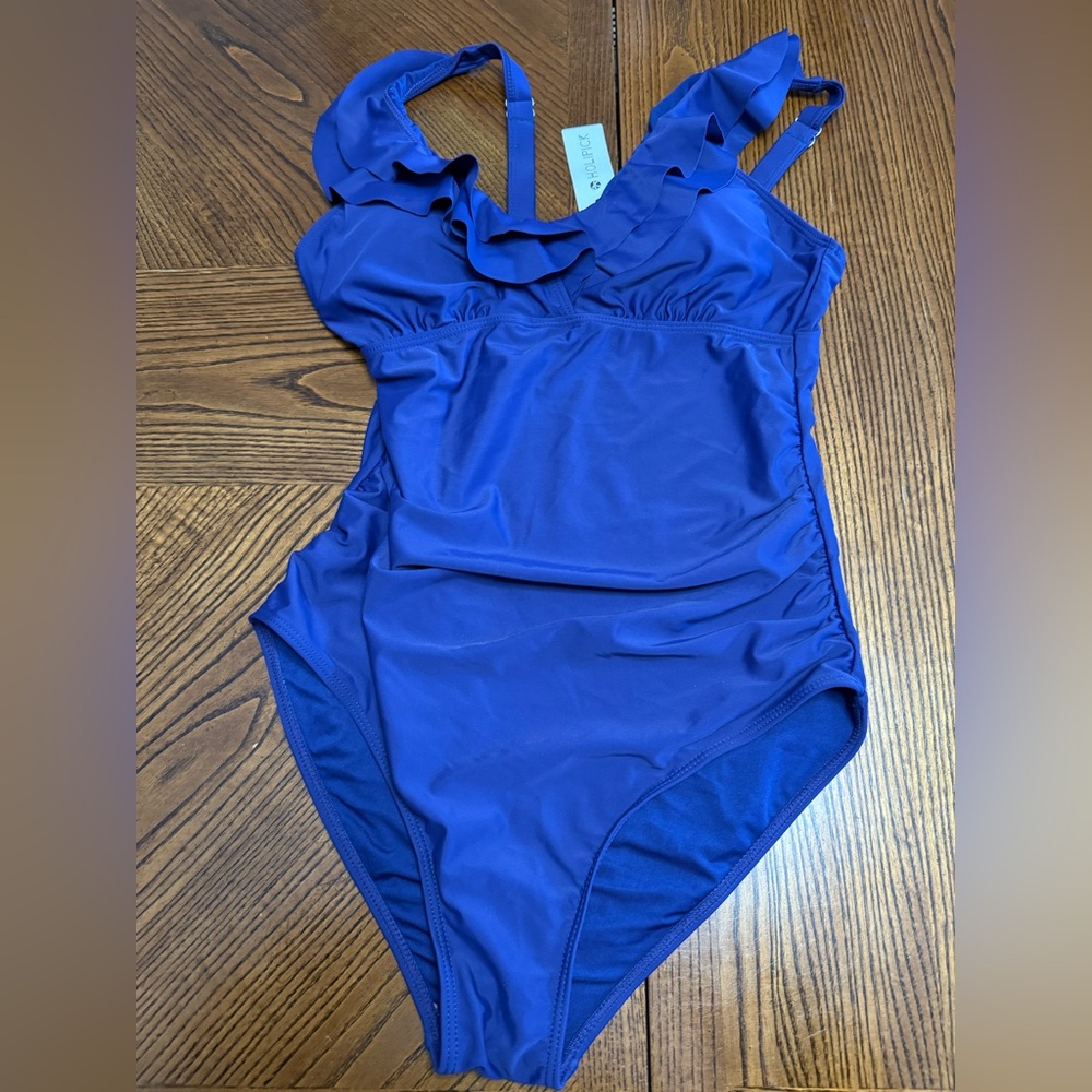 HOLIPICK Navy Blue Ruffled Top One Piece Swimsuit. NWT. Size Large